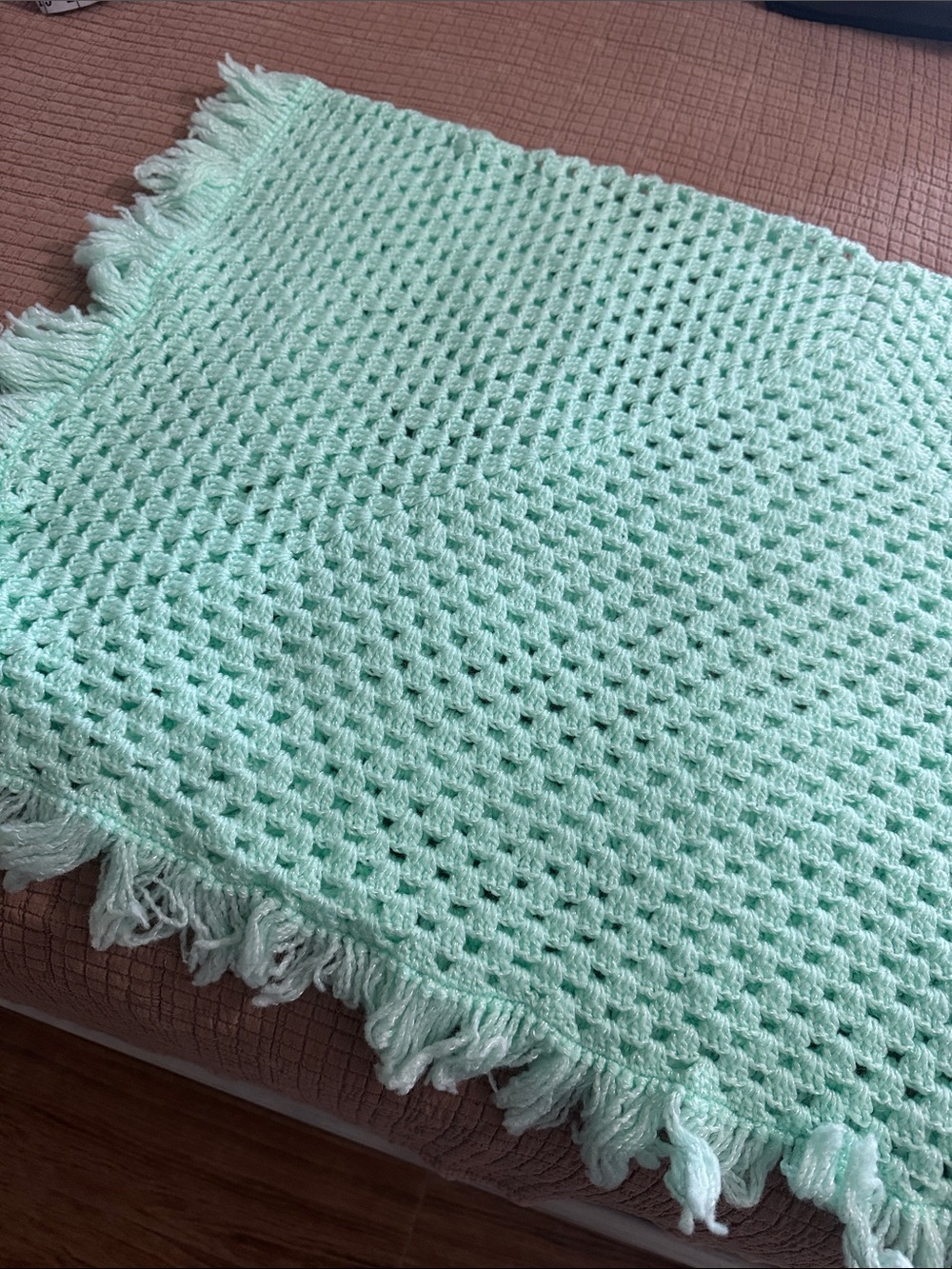 Handmade Mint Green Crochet Baby Blanket or Throw with Fringe